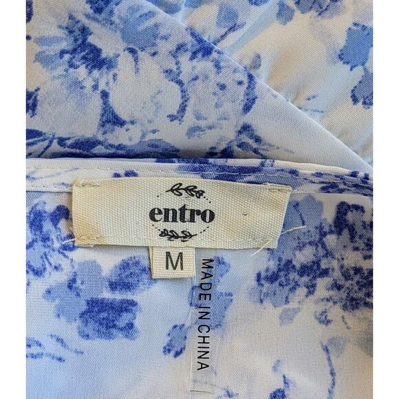 Entro White Blue Floral Ruffled Babydoll Minidress Puff Sleeve Size Medium - Picture 9 of 11